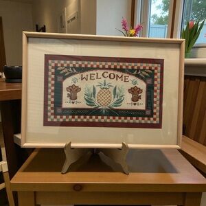 Vintage Framed Sunset Needlepoint “A Symbol Of Welcome” Sign Pineapple Harvest